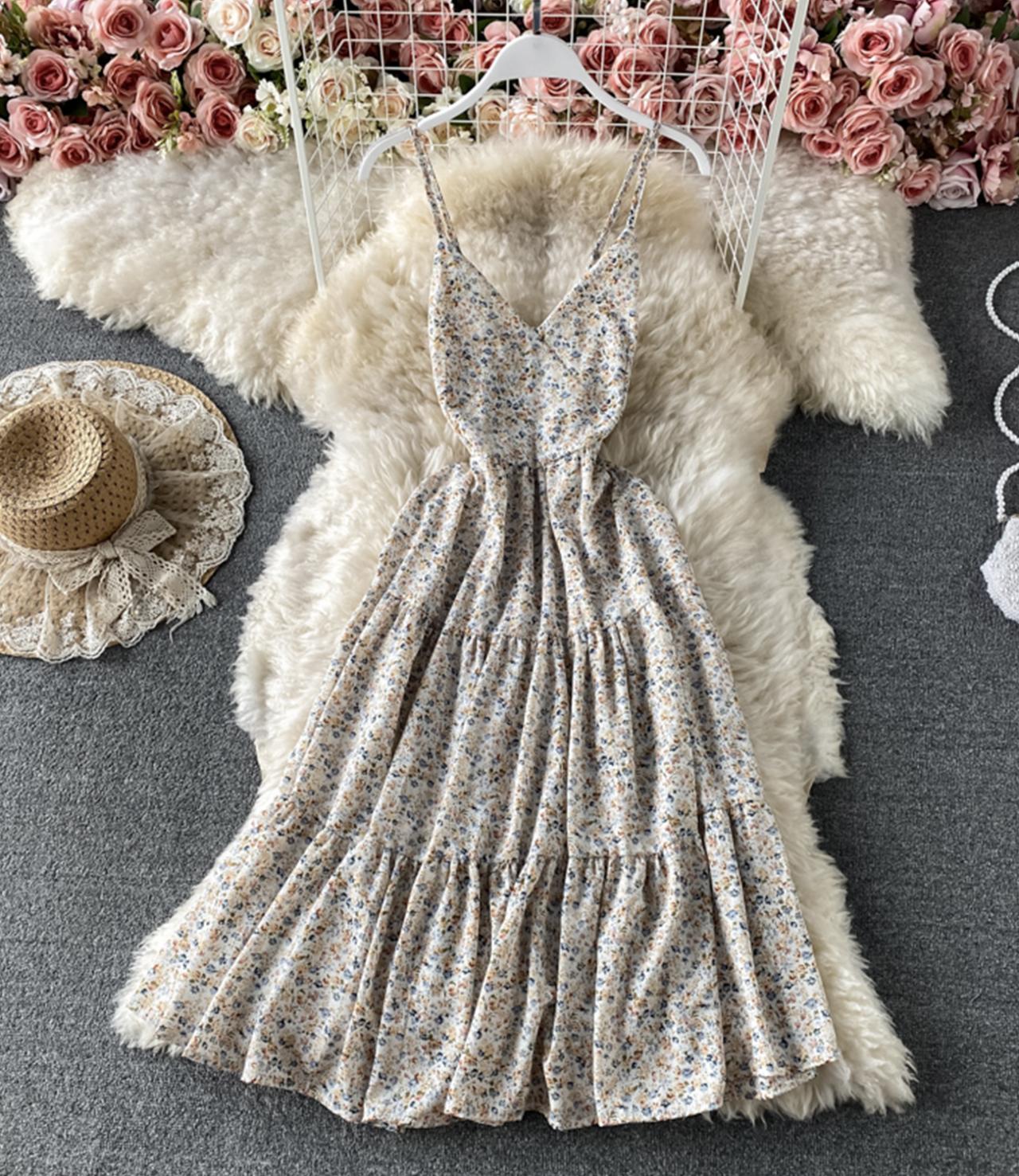 Süßes Blumenkleid in A-Linie mit V-Ausschnitt, Modekleid 721