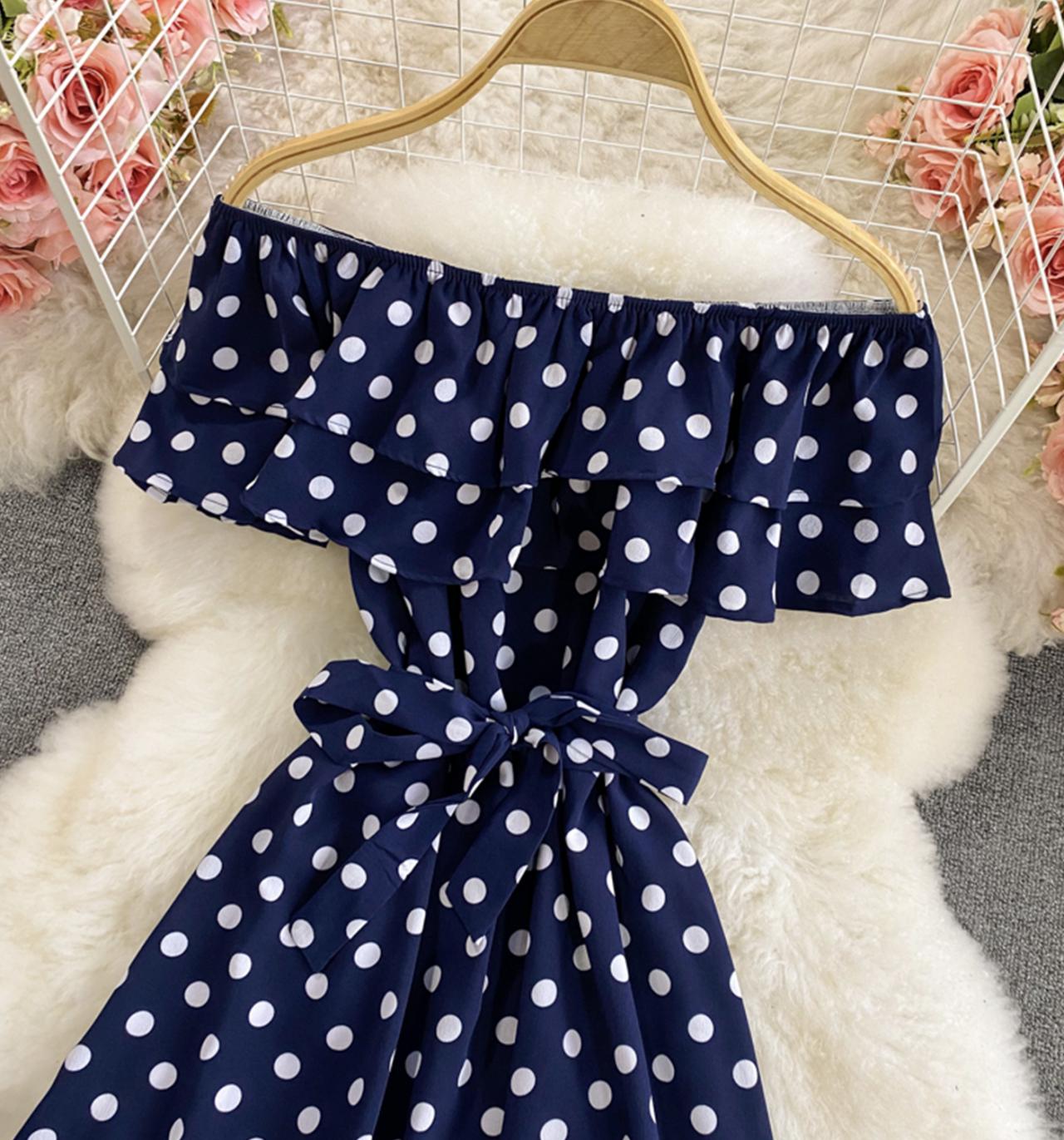 Cute polka dot dress A line off shoulder dress  712