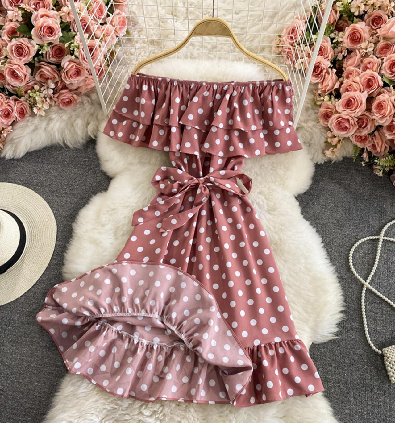 Cute polka dot dress A line off shoulder dress  712