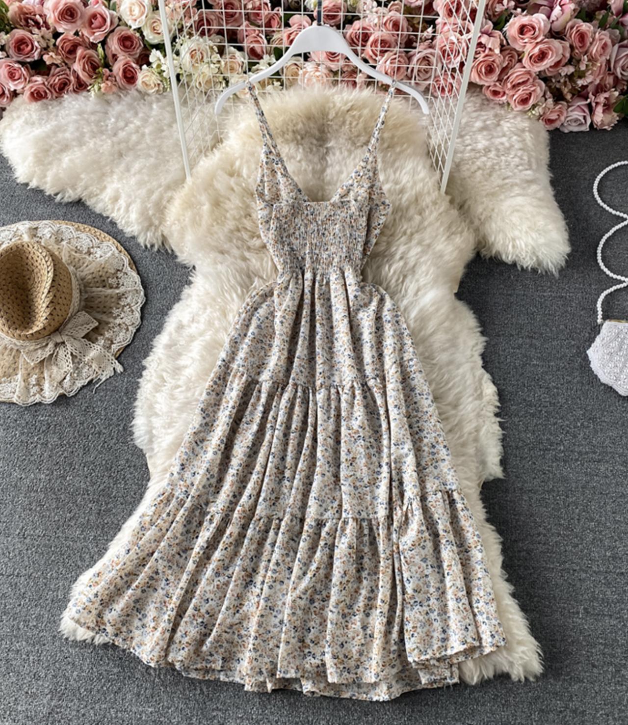 Süßes Blumenkleid in A-Linie mit V-Ausschnitt, Modekleid 721
