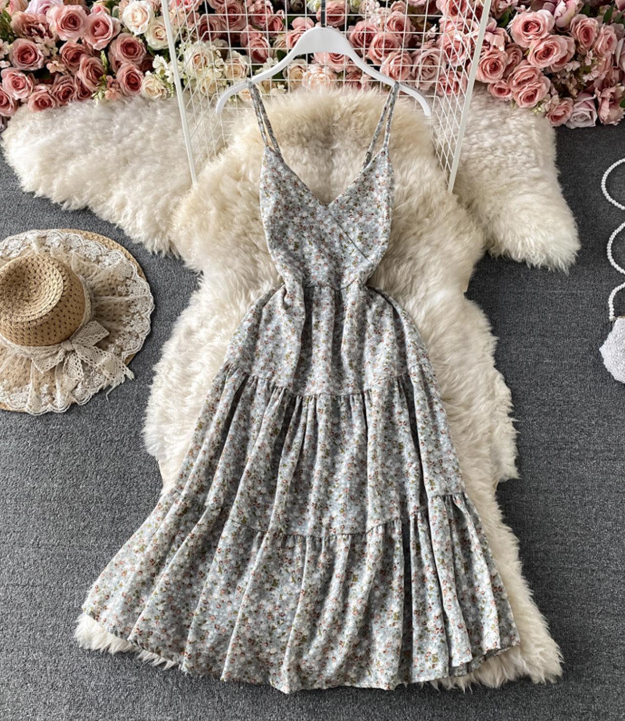 Süßes Blumenkleid in A-Linie mit V-Ausschnitt, Modekleid 721