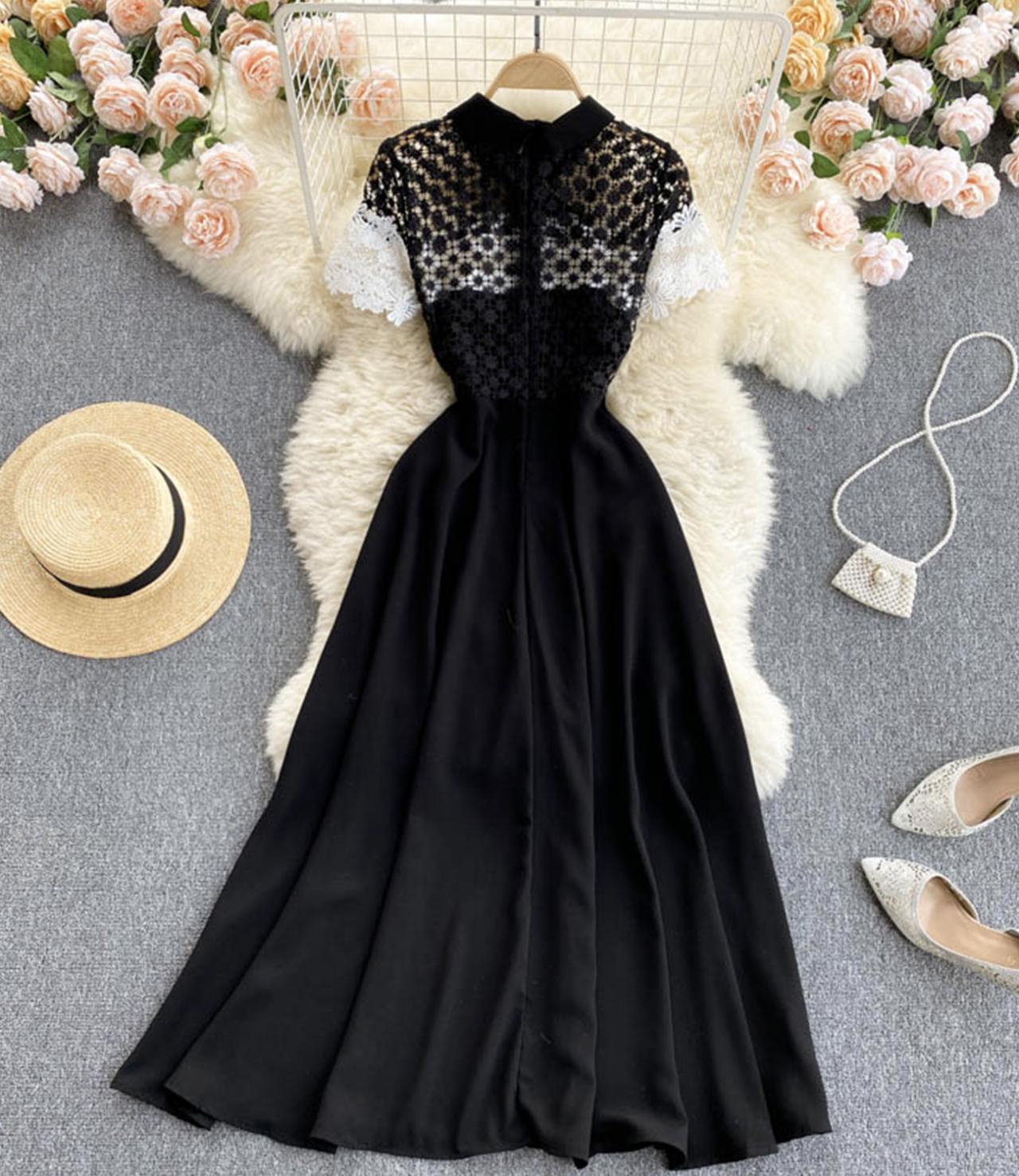 Cute lace short dress black A line dress  606