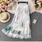 High waist, A-line big swing printed gauze skirt, pleated skirt, mid length skirt gauze skirt  3522