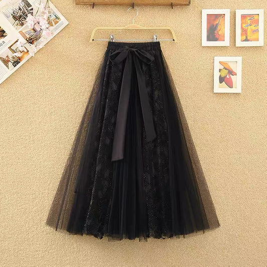 Fairy swing skirt, new style, bow, lace stitching, mesh high waist skirt, shaggy long gauze skirt  3520