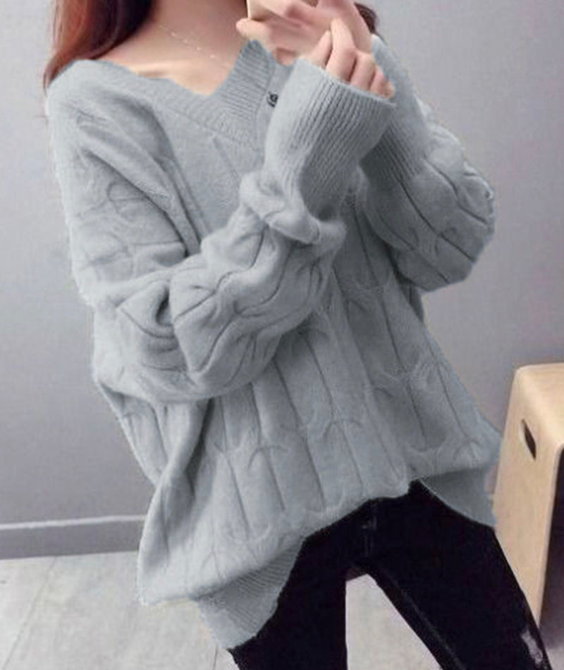 Süßer Langarmpullover mit V-Ausschnitt 093