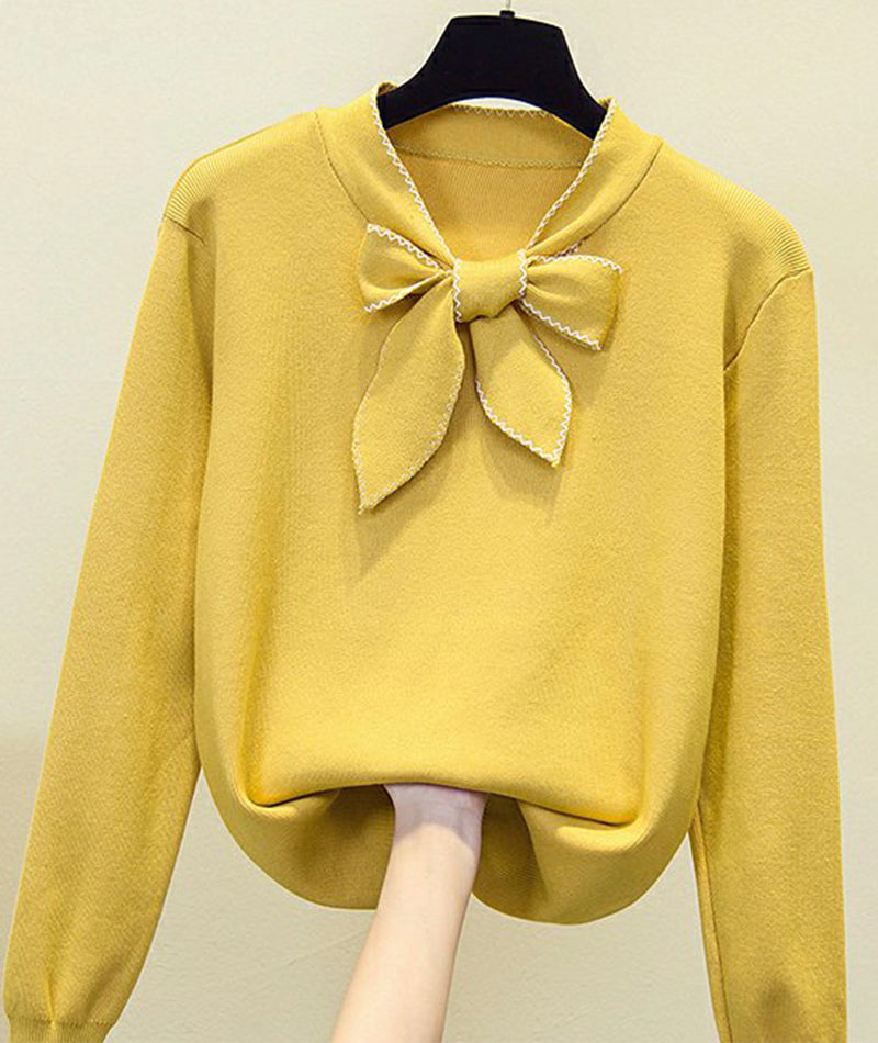 Pullover lockerer Langarm-Pullover mit Schleife 086