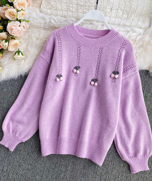 Joli pull à manches longues et col rond, pull cerise 101