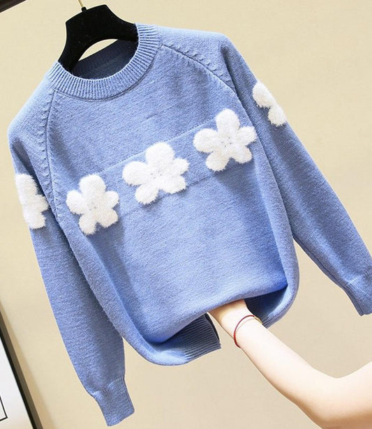 Süßer Blumenpullover mit Rundhalsausschnitt 041