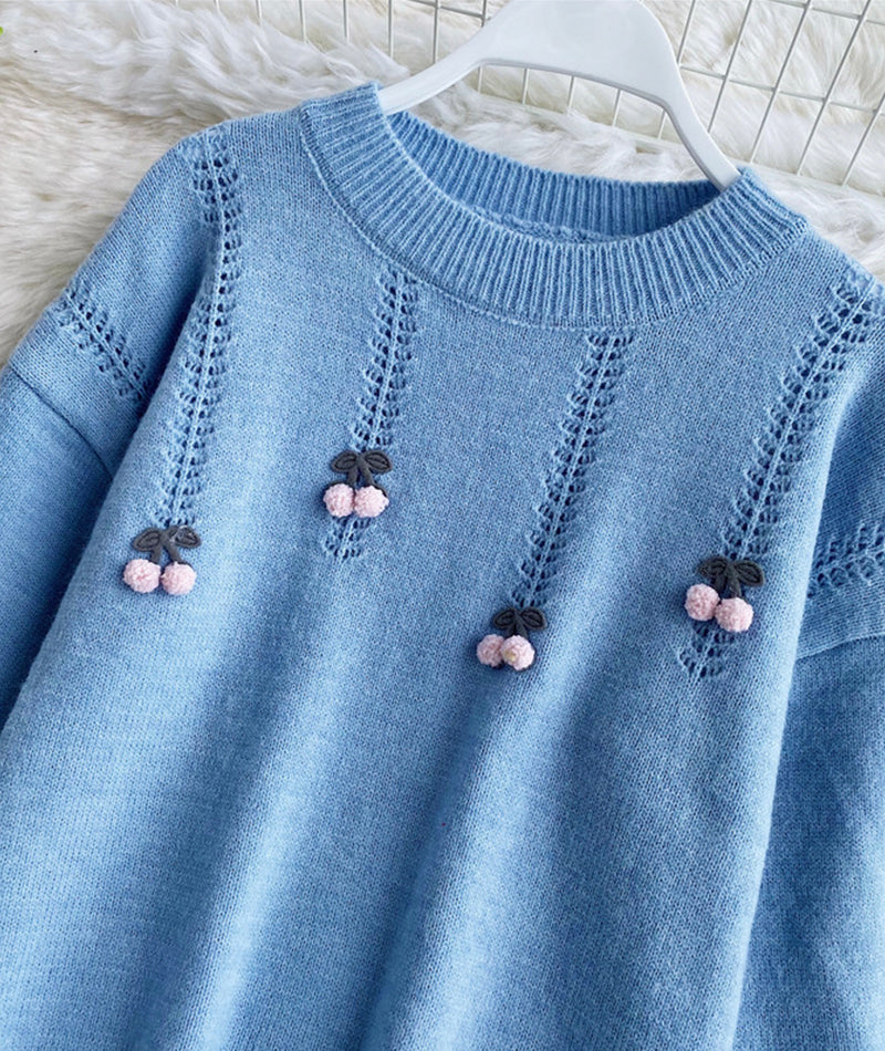 Cute round neck long sleeve sweater cherry sweater  101