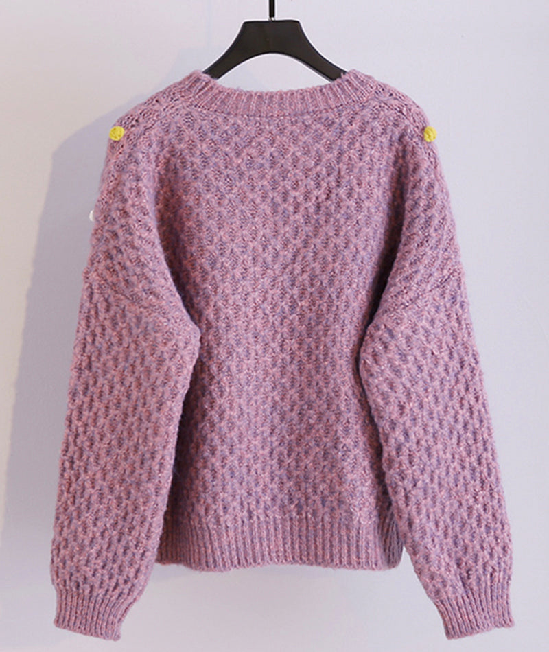 Pull épais à col rond orné de pompons colorés 062