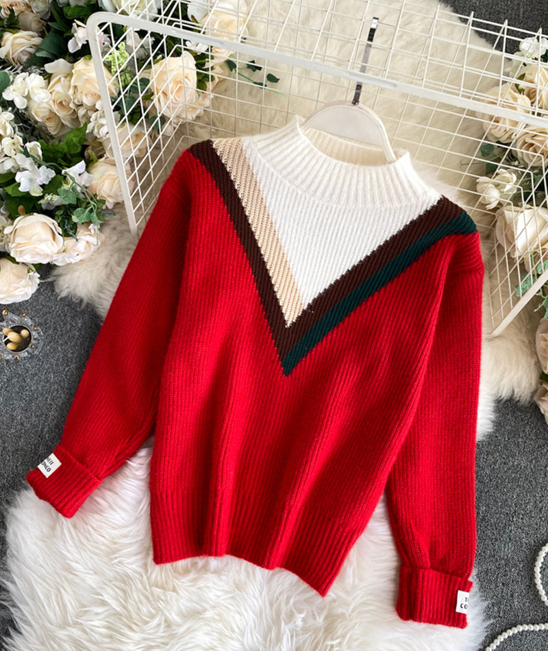 Red round neck long sleeve sweater  067