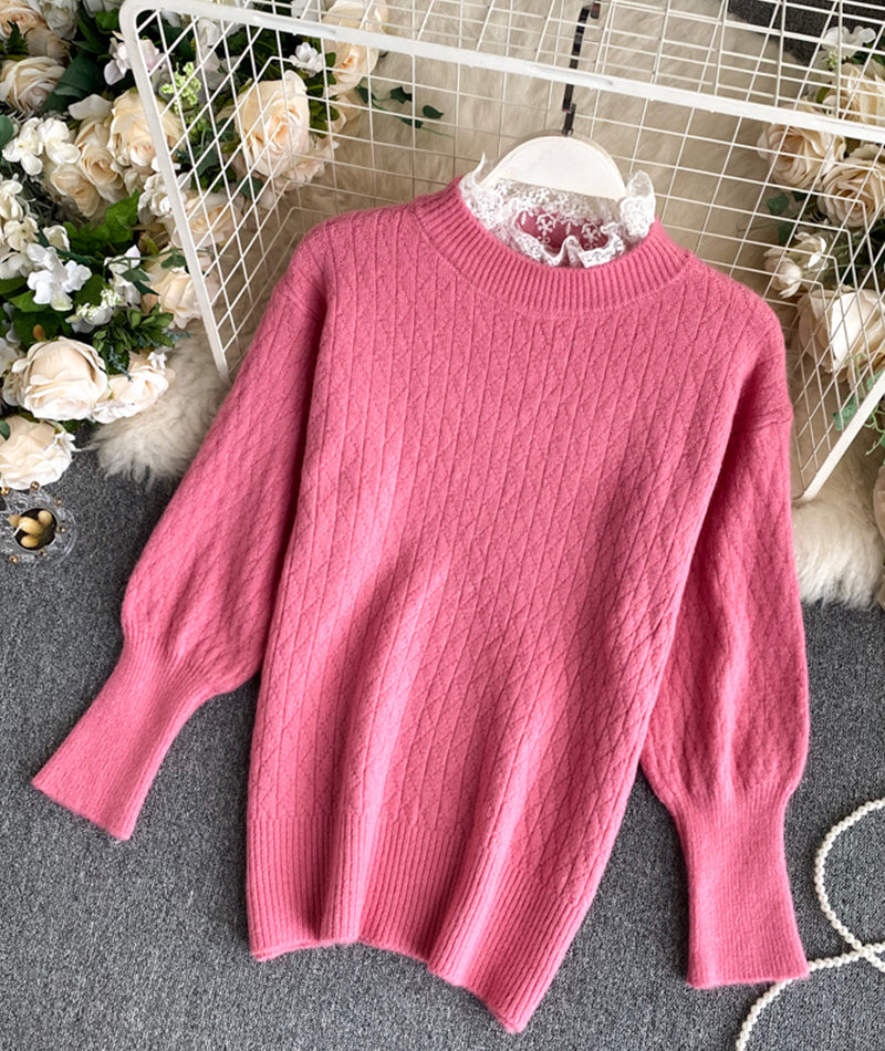 Cute round neck lace long sleeve sweater  068
