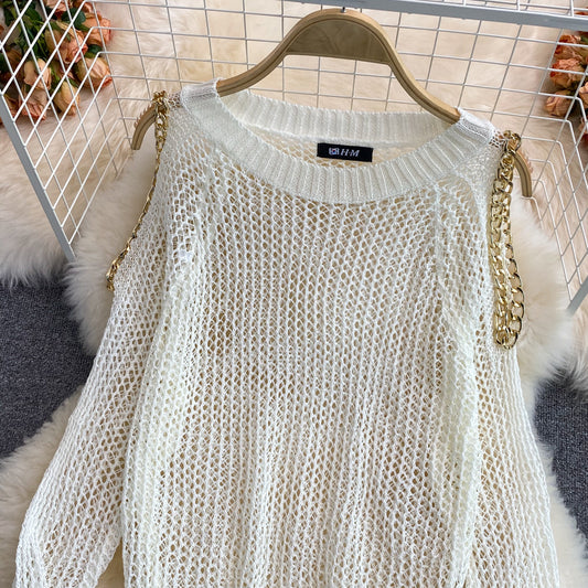 Süßer Pullover mit langen Ärmeln und Cut-outs, schulterfreier Pullover 038