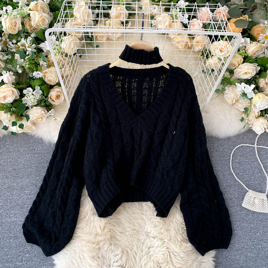 Vintage Twist Strickoberteil V-Ausschnitt langer Pullover 024