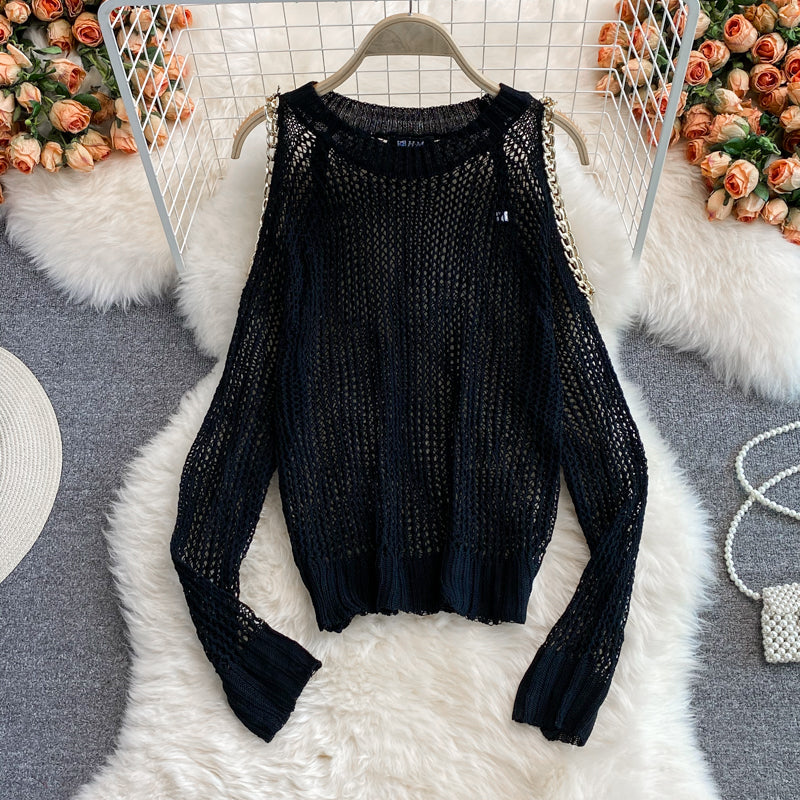 Cute cut-out long-sleeved sweater off shoulder sweater  038