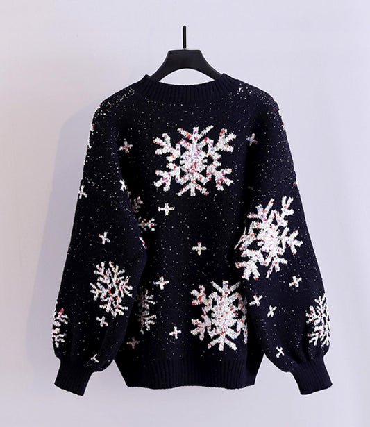 Süßer Schneeflocken-Langarm-Pullover mit Rundhalsausschnitt 029