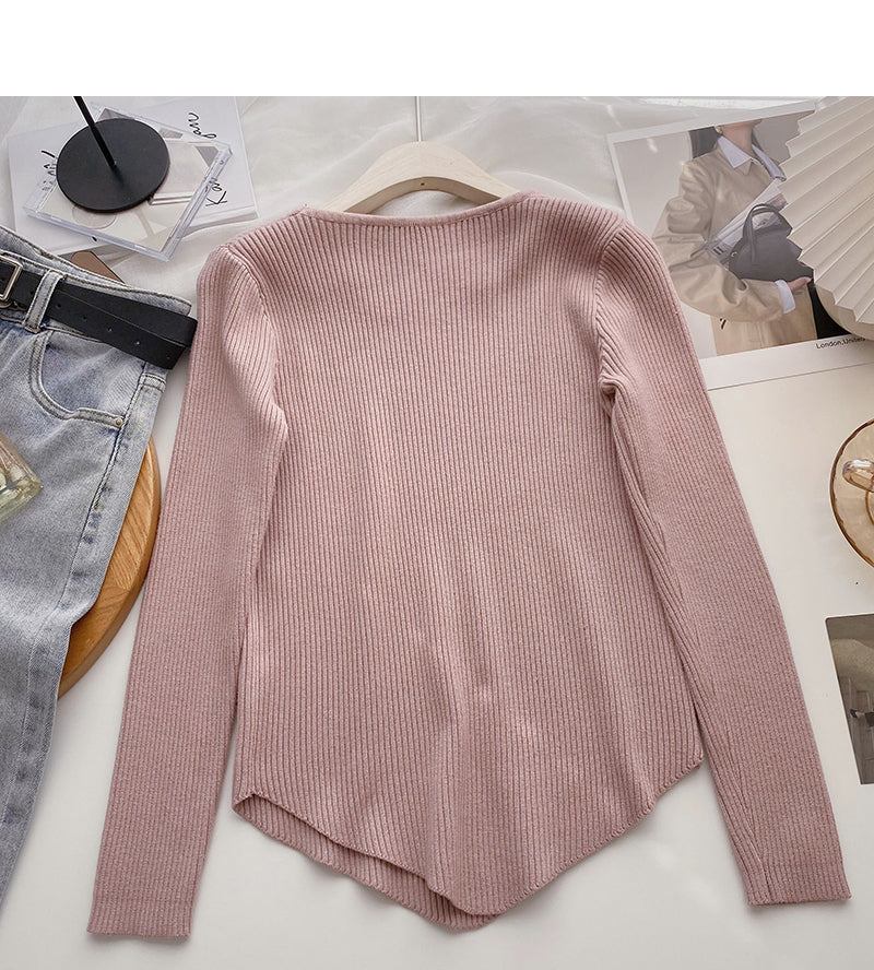 Design sense crew neck T-shirt solid color versatile long sleeve bottoming shirt  6693