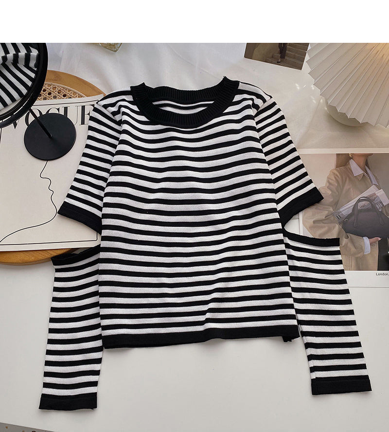 Design sense hollowed out long sleeve sweater slim striped top  6602