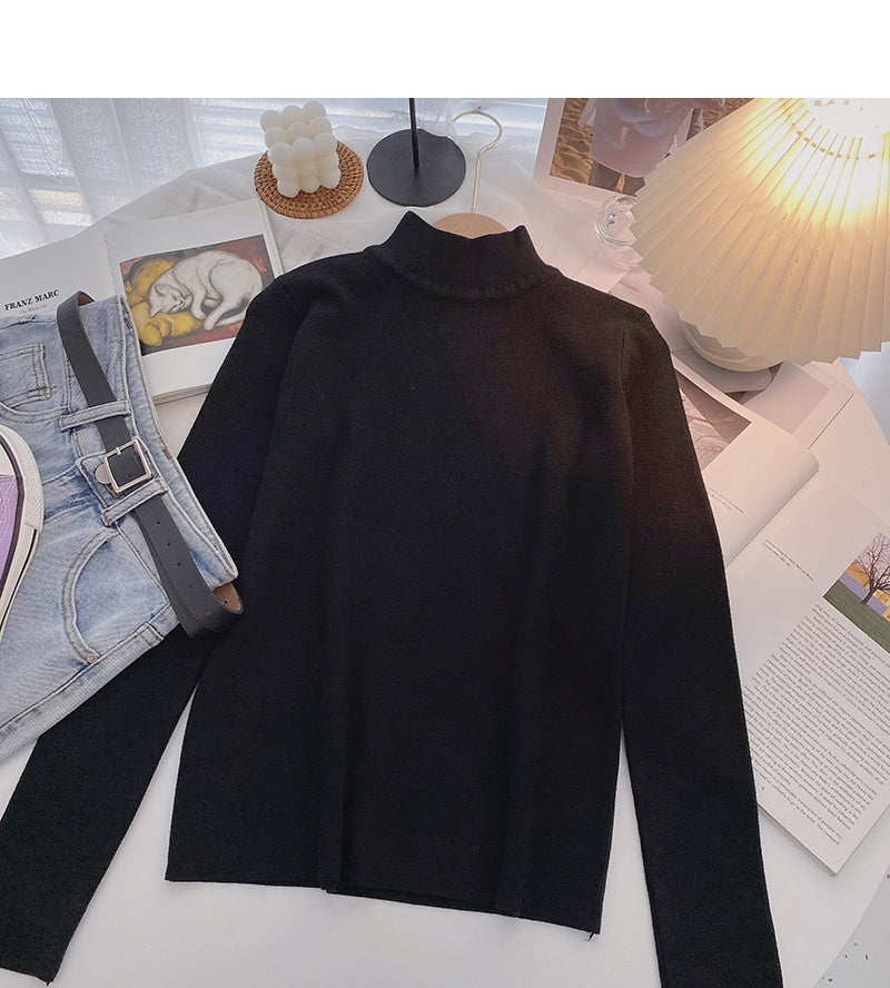 Solid color simple and versatile stand collar Pullover long sleeve Knitted Top  6655