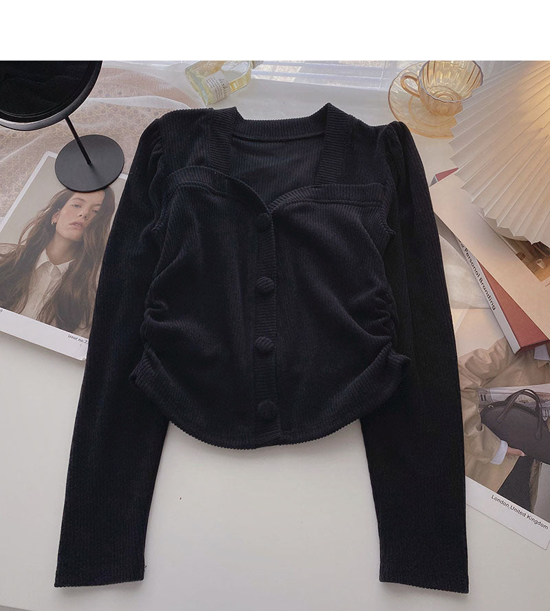 New Korean side pleated slim slim long sleeve top  6344