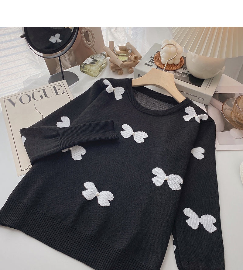 Schmetterlings-Jacquard-Langarmpullover mit Rundhalsausschnitt Pullover Top 6686