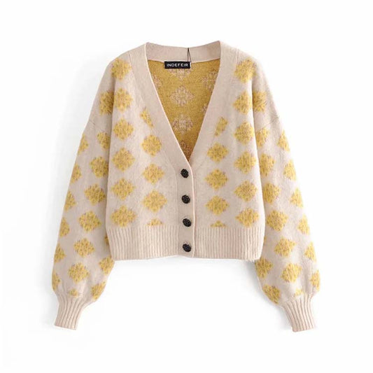 Aging Diamond Jacquard V-Neck Langarm-Strickjacke mit hoher Taille für Mädchen 7157