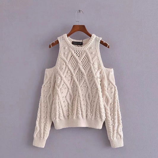 Nouveau pull creux à la mode avec épaules dénudées et col ras du cou 7205