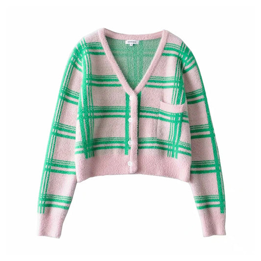 Karierte, farblich passende Strickjacke Damen Minority Retro Pullover Mantel 7185