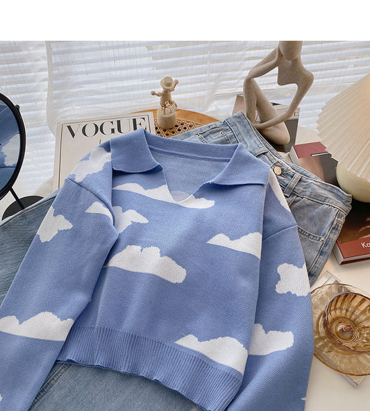 Langarm-Pullover Kontrast Wolke Pullover Top 6532