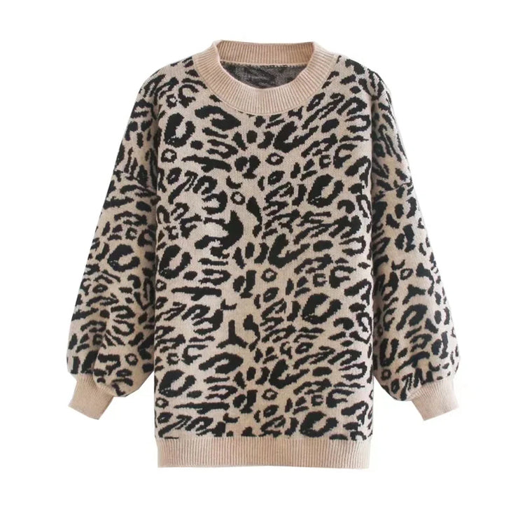 Pull ample à manches longues en jacquard léopard 7464