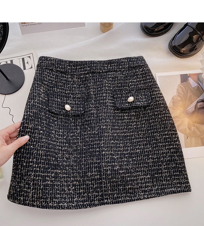 Korean retro small fragrance bright silk high waist A-shaped skirt  5393