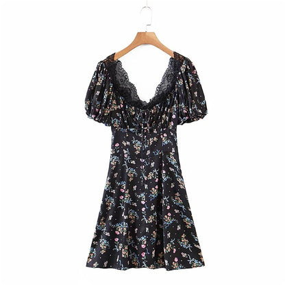 Small floral skirt sexy waist closing bubble sleeve  7140