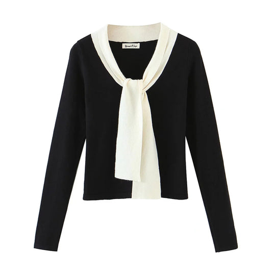 Pull à manches longues avec motif ruban, style étranger et coupe slim 7417