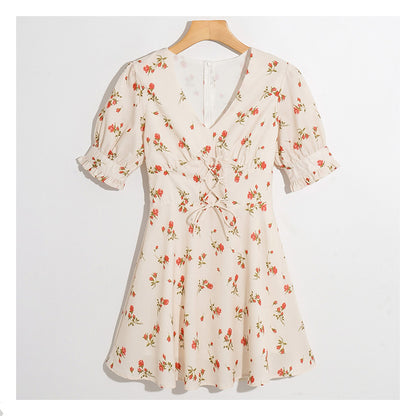 Neue Mode, vielseitiger Blumendruck, V-Ausschnitt, schmales Bandage-Blasenärmelkleid 7025