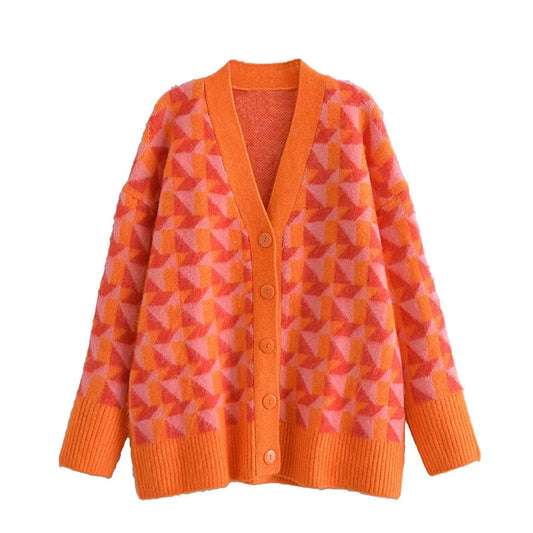 Nouveau pull jacquard géométrique veste cardigan lâche paresseux 7414