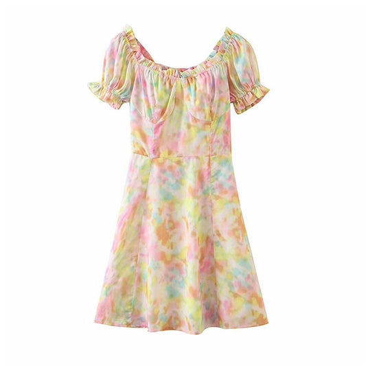 Vintage Blumenkleid mit eckigem Ausschnitt und Luftblasenärmeln zum Schnüren mit Farbverlauf 7083