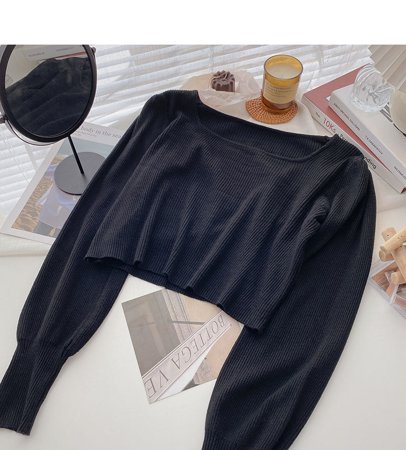 Small man's sweater solid color square neck long sleeve short top  6589