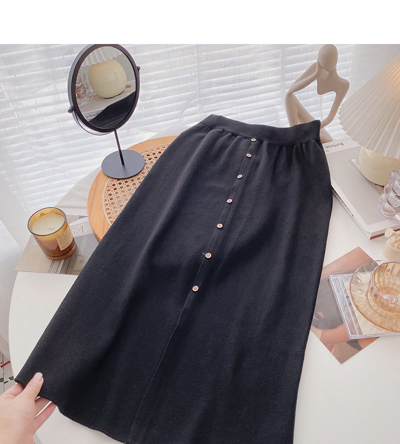 Leisure port style solid high waist button split A-line skirt  5804