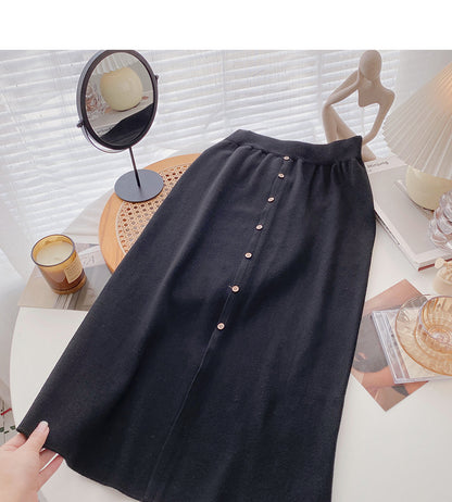 Leisure port style solid high waist button split A-line skirt  5804