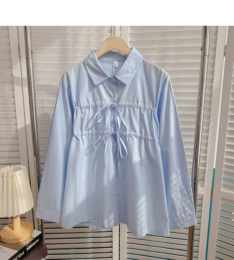 Korean solid color foreign style bandage single breasted Lapel top  6381