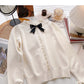 Koreanisches Schleifen-Rundhals-Design Retro-Nagelperlen-Spitzen-Langarm-Top 6038