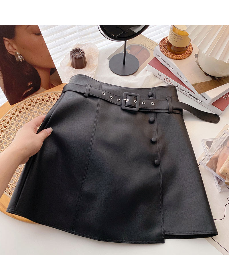 Fashion irregular button high waist thin wrap hip leather skirt  5509