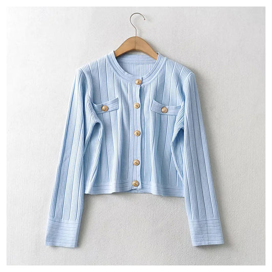 Nouveau manteau cardigan en tricot slim à col rond et boutons en forme de tête de tigre vieillissant 7405