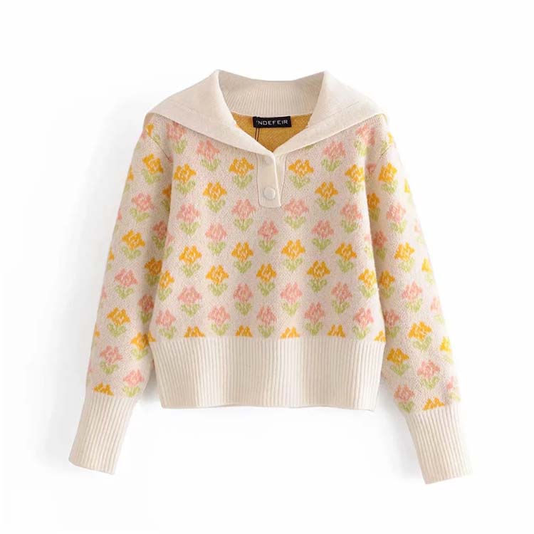 Retro Herbst Mädchen süßes Temperament zweifarbige Blume kurzer Pullover Pullover 7163