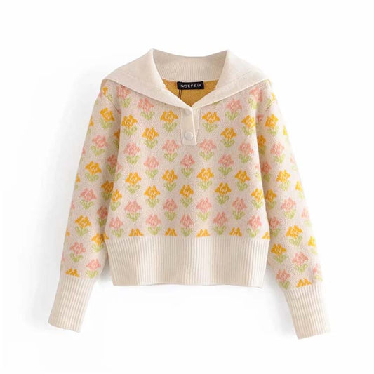 Retro Herbst Mädchen süßes Temperament zweifarbige Blume kurzer Pullover Pullover 7163