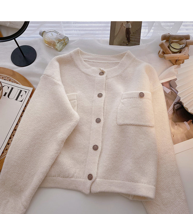 Solid gold round neck sweater small fragrance single breasted top  6166