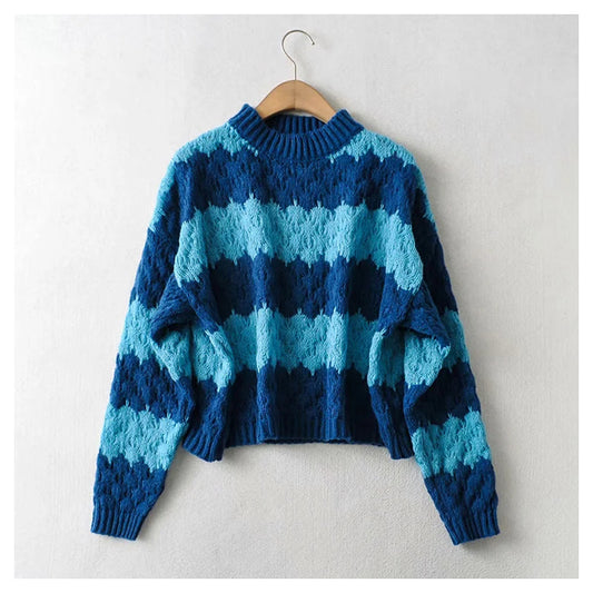 Pull en maille à rayures jacquard épaisses et col rond 7399