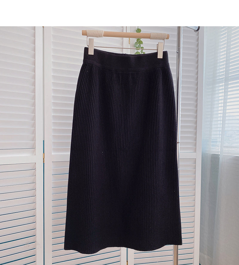 Korean casual solid color simple high waist split A-line skirt  5801