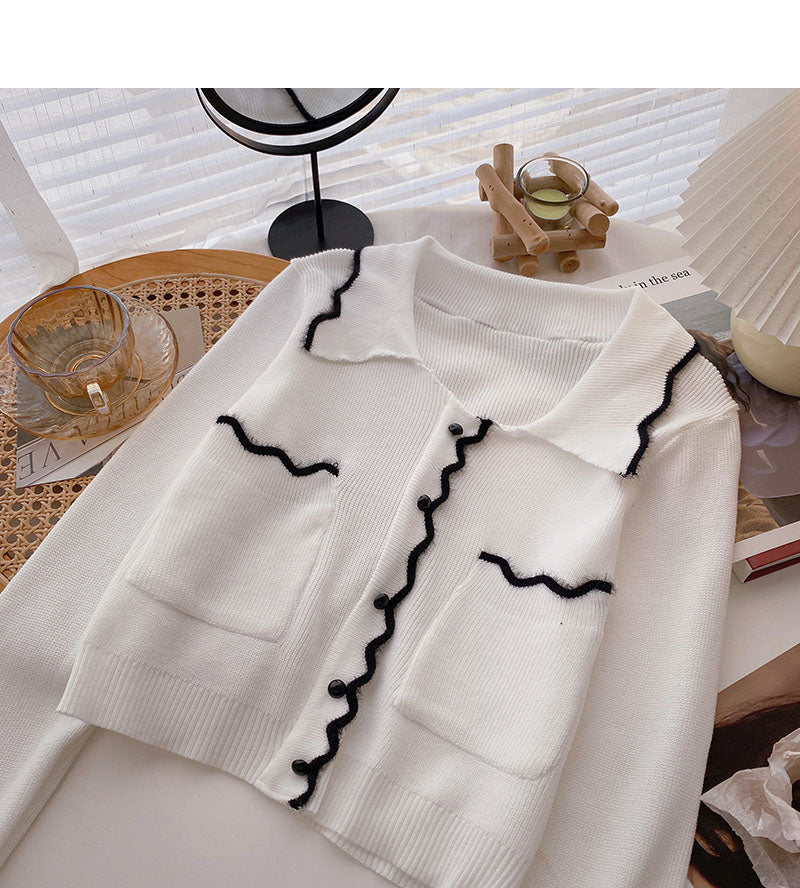 Niche design retro color blocking wave edge Lapel long sleeve top  6587