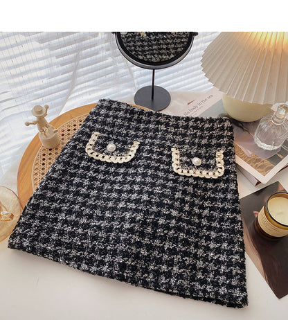 Fake pocket high waist tweed plaid skirt  5383